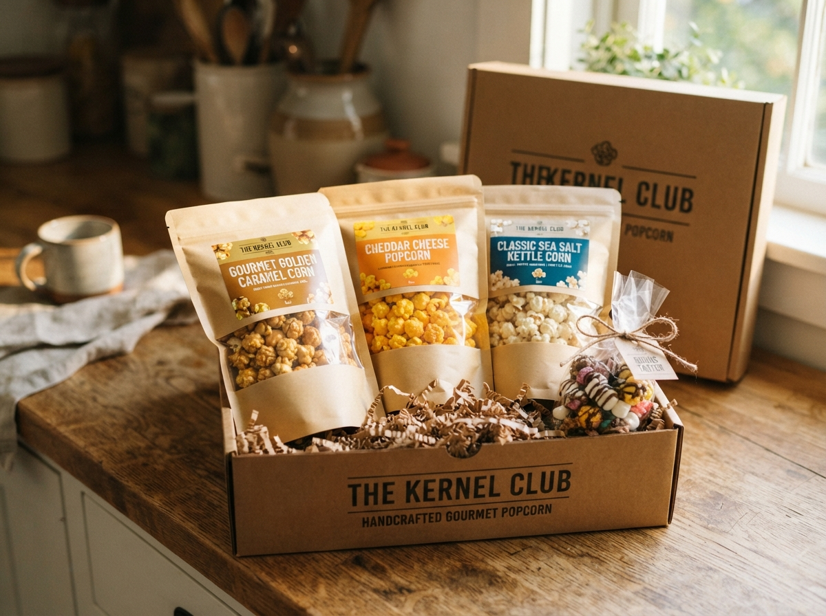 The Popcorn Club gourmet artisan box unboxing with three bags of craft popcorn and bonus treat